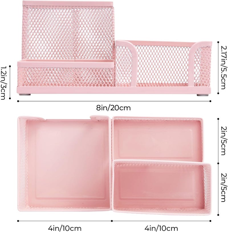 MG Mesh Pen Holder Desk Organizers Pencil Holder for Desk Pink, 3 Compartments Metal Office Supply Organizer with Sticky Notes Holder for Home Office - Image 2